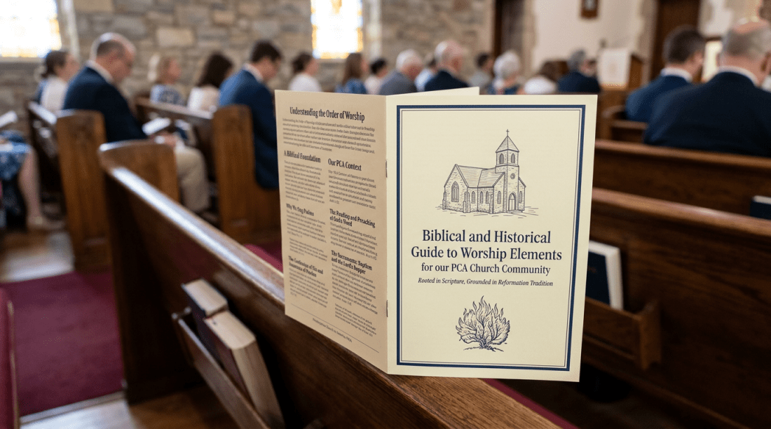 Open booklet titled "Biblical and Historical Guide to Worship Elements for our PCA Church Community" in a church sanctuary